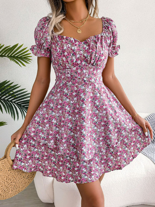 Floral Sweetheart Neck Flounce Sleeve Mini Dress