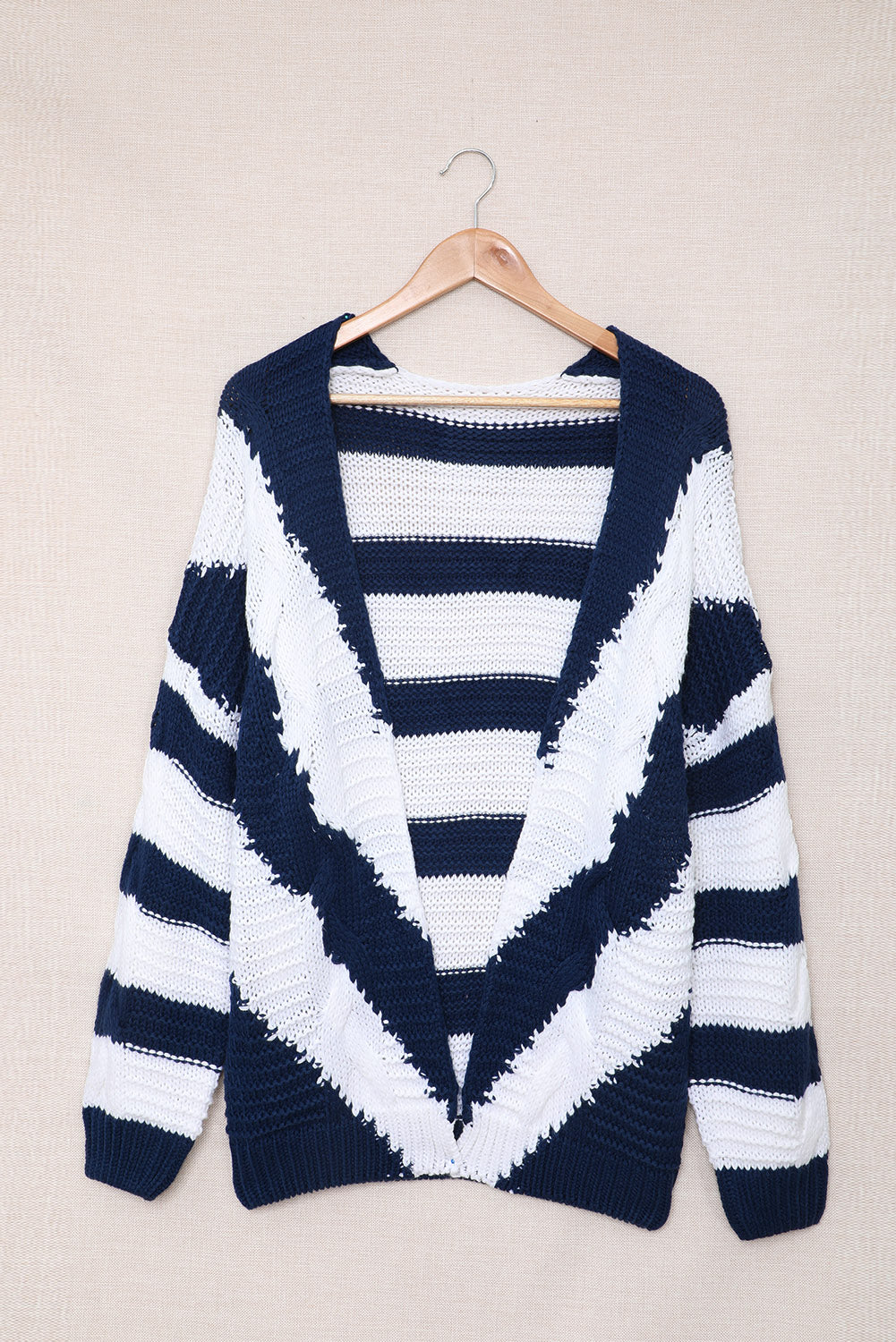 Two-Tone Striped Open Front Ribbed Trim Cardigan